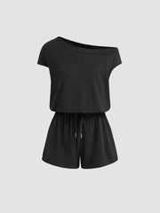 Asymmetrical Neck Drawstring Romper