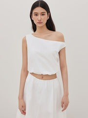 Cotton Asymmetrical Neck Bubble Hem Crop Tank Top