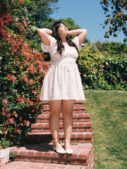 Square Neck Floral Lace Up Puff Sleeve Mini Dress Curve & Plus