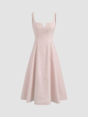 Square Neck Stripe Ruffle Hem Midi Dress