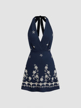 Halter V-Neck Floral Knotted Embroidery Mini Dress