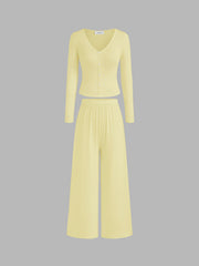 Long Sleeve Button Top & Middle Waist Trousers Loungewear Set