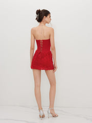 Satin Rosette Corset Lace Up Bandeau Mini Dress