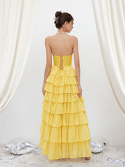 Chiffon Tube Corset Tiered Split Lace Up Gown Maxi Dress