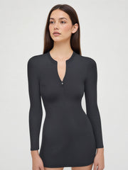 Round Neck Solid Zipper Mini Dress