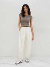 Boat Neck Ruched Tee & Linen-Blend Solid Wide Leg Pants With Belt