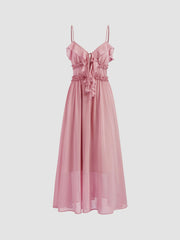 Chiffon V-neck Ruffle Lettuce Trim Knotted Maxi Dress