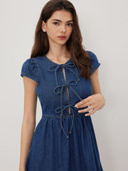Denim Cut Out Tie Front Bowknot Mini Dress