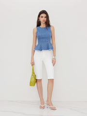 Stretch Denim Round Neckline Pleated Top