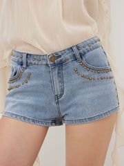 Stretch Denim Low Rise Rivet Micro Shorts
