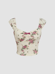 Mesh V-neck Floral Bow Lace Tee