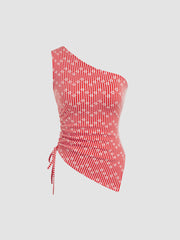Jacquard Asymmetrical Neck Floral Stripe Drawstring Tank Top