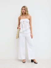 100% Cotton Broderie Anglaise Asymmetrical Ruffle Hem Bandeau Top & High Rise Wide Leg Trousers Set