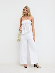 100% Cotton Broderie Anglaise Asymmetrical Ruffle Hem Bandeau Top & High Rise Wide Leg Trousers Set