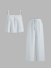 Cotton-blend Square Neck Stripe Oversized Cami Top & Mid Rise Drawstring Straight Leg Trousers Loungewear Set