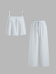 Cotton-blend Square Neck Stripe Oversized Cami Top & Mid Rise Drawstring Straight Leg Trousers Loungewear Set