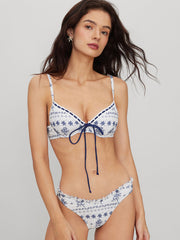 V-neck Floral Knotted Lettuce Trim Underwire Cheeky Bikini Set