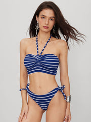 Ribbed Halter Neckline Stripe Knotted Cheeky Bikini Set