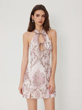 Satin Halter Mandarin Collar Floral Knotted Cut Out Mini Dress
