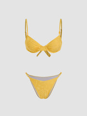 V-neck Weather Texture Beaded Ruched Underwire Bikini Set