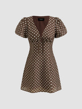 V-neck Puff Sleeve Polka Dot Knotted Mini Dress