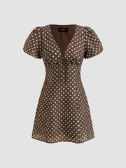 V-neck Puff Sleeve Polka Dot Knotted Mini Dress