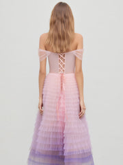 Off-shoulder Ombre Corset Tulle Tiered Gown Maxi Dress