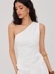 Cotton Asymmetrical Neck Ruched Tank Top