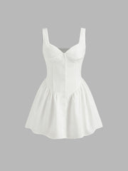 Linen-blend Sweetheart Neckline Button Ruffle Mini Dress