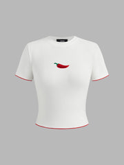 Round Neckline Pepper Embroidery Contrasting Binding Short Sleeve Tee