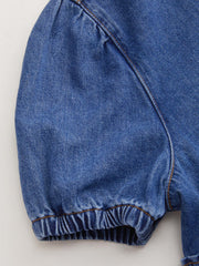 Denim Tie Front Bow Puff Sleeve Oversized Blouse