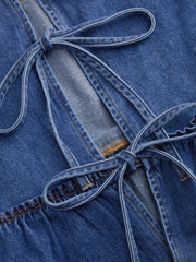 Denim Tie Front Bow Puff Sleeve Oversized Blouse