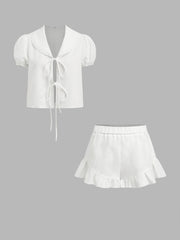 Linen-blend V-neck Tie Front Puff Sleeve Top & Mid Rise Ruffle Hem Shorts Loungewear Set