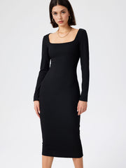 Solid Square Neck Long Sleeve Midi Dress