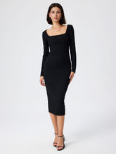 Solid Square Neck Long Sleeve Midi Dress