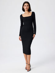 Solid Square Neck Long Sleeve Midi Dress