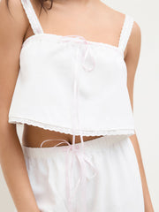 Linen-blend Knotted Lace Trim Crop Cami Top & Mid Rise Wide Leg Trousers Loungewear Set