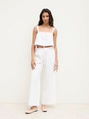 Linen-blend Knotted Lace Trim Crop Cami Top & Mid Rise Wide Leg Trousers Loungewear Set