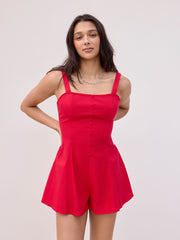 Linen-blend Square Neck Bowknot Backless Romper