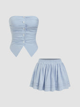 Linen-blend Ruched Shirred Bandeau Crop Top With Mid Rise Elastic Waist Stripe Mini Skirt Set