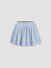 Linen-blend Ruched Shirred Bandeau Crop Top With Mid Rise Elastic Waist Stripe Mini Skirt Set