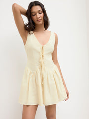 Linen-blend V-neck Tie Front Bow Ruffle Mini Dress