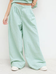 Cotton-blend Stripe Beaded Pleated Cami top With Mid Rise Straight Leg Trousers Set