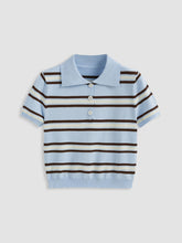 Knit Polo Collar Stripe Short Sleeve Top