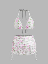 V-neck Floral Knotted Halter Full Coverage Bikini Set With Drawstring Cover Up Skirt Curve & Plus