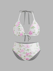 V-neck Floral Knotted Halter Full Coverage Bikini Set With Drawstring Cover Up Skirt Curve & Plus