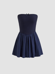 Cotton Texture Bandeau Bowknot Ruffle Hem Romper