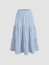 Cotton-blend Mid Rise Elastic Waist Stripe Ruffle Tiered Maxi Skirt