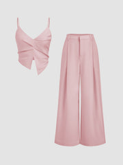 V-neck Twist Split Crop Cami Top & Mid Rise Wide Leg Trousers