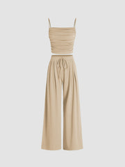 Square Neck Ruched Top & Elastic Waist Trousers Matching Set
